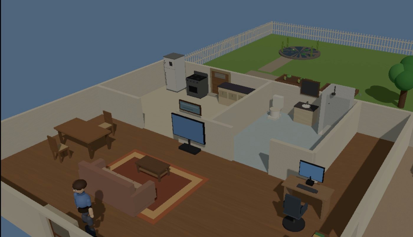 Avatar House simulation — 3D home interior with avatar status, needs and session speed controls