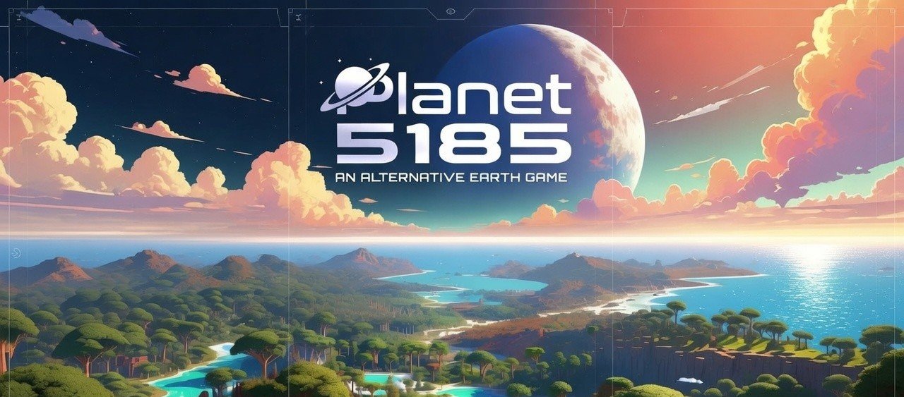 Planet 5185 title art — an alien coastline beneath a ringed moon
