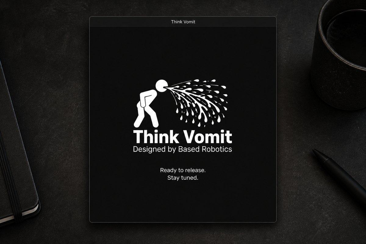 Think Vomit — a process flowchart drawn on a dark infinite canvas, with a green start, square steps, diamond decisions and red end points